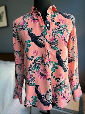 Banana Republic Coral Pink Tropical Print Popover Long Sleeve blouse